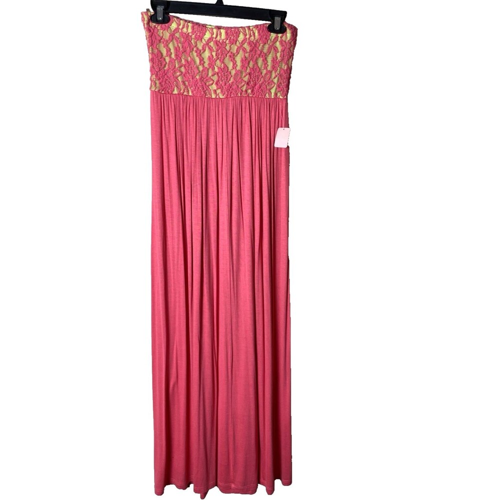 Lilypad Woman's Boho Pink Stretchy Lace Top Maxi Halter Dress Size Large